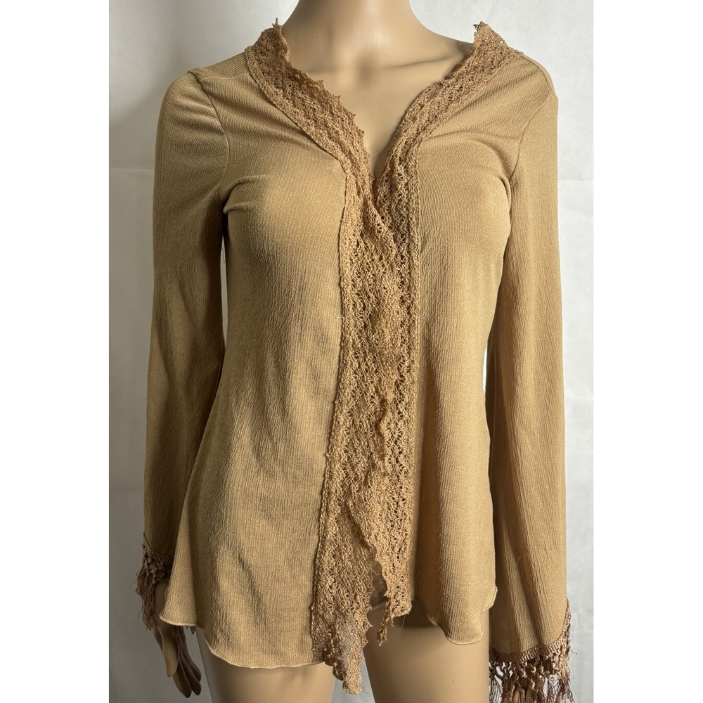 Arden B Cardigan Womens M Tan Open Front Fringe Sleeve Boho Y2K Vintage 90s